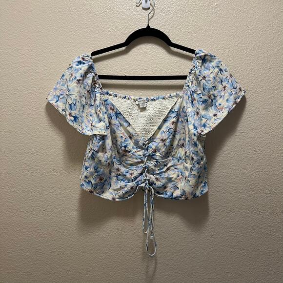 American Eagle Blue Floral Cinched Short Sleeve Tie Busty Crop Top Size Large - Picture 2 of 7
